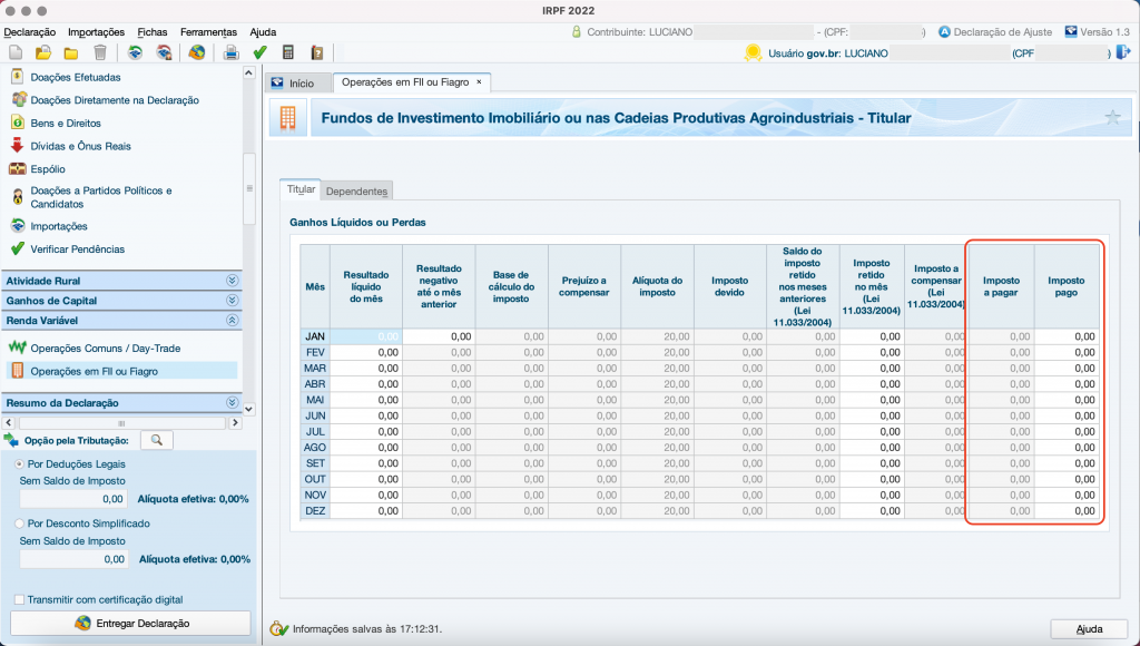 Captura de tela mostrando o Programa do Imposto de Renda, aberto na ficha “Operações em FII”.