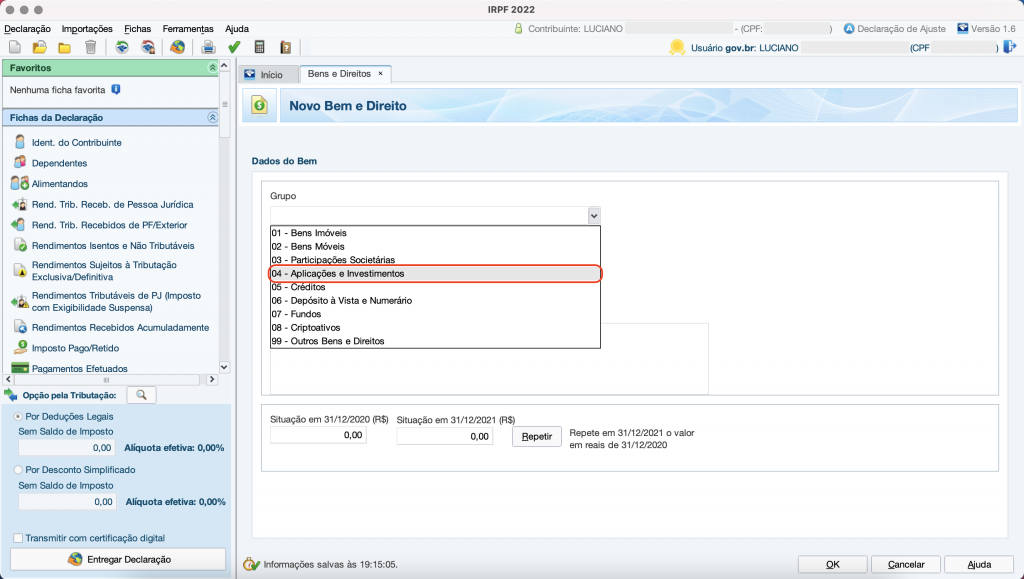 Captura de tela mostrando a ficha de Bens e Direitos do Programa do Imposto de Renda, com a opção “04 – Aplicações e Investimentos” em destaque.