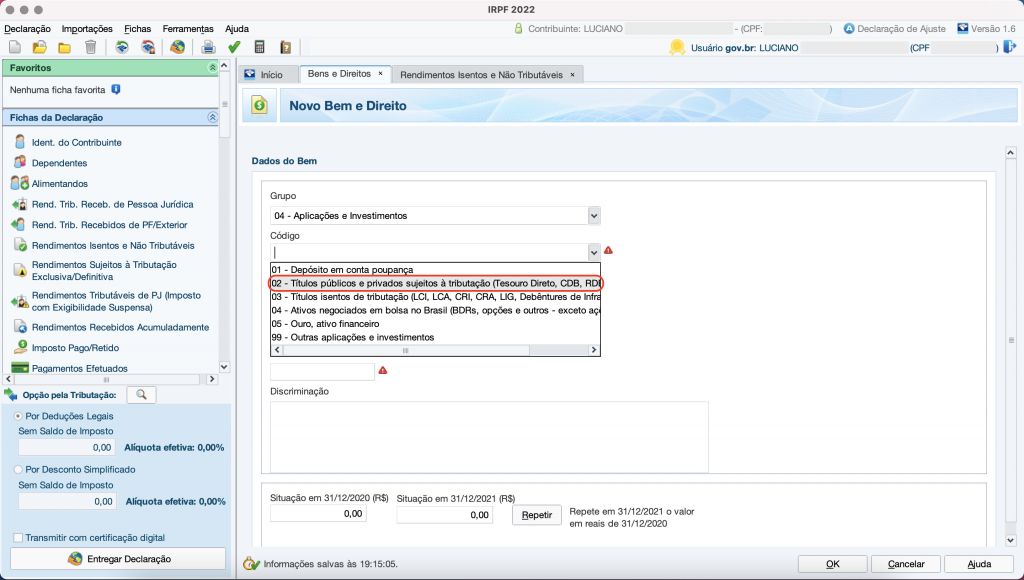 Captura de tela mostrando a ficha de Bens e Direitos do Programa do Imposto de Renda, com a opção “02 – Títulos públicos e privados sujeitos à tributação” em destaque.