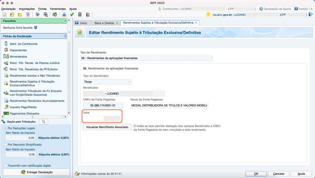 Captura de tela mostrando o Programa do Imposto de Renda, aberto na ficha “Rendimentos Sujeitos à Tributação Exclusiva/Definitiva” e a opção “Valor” em destaque.