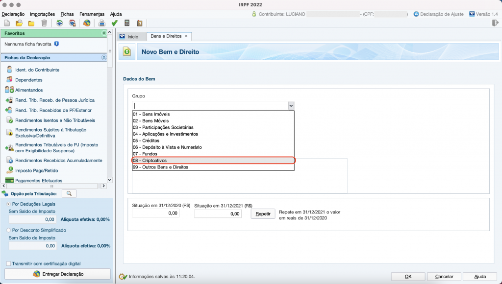 Captura de tela mostrando a ficha de Bens e Direitos do Programa do Imposto de Renda, com a opção “08 – Criptoativos” em destaque.