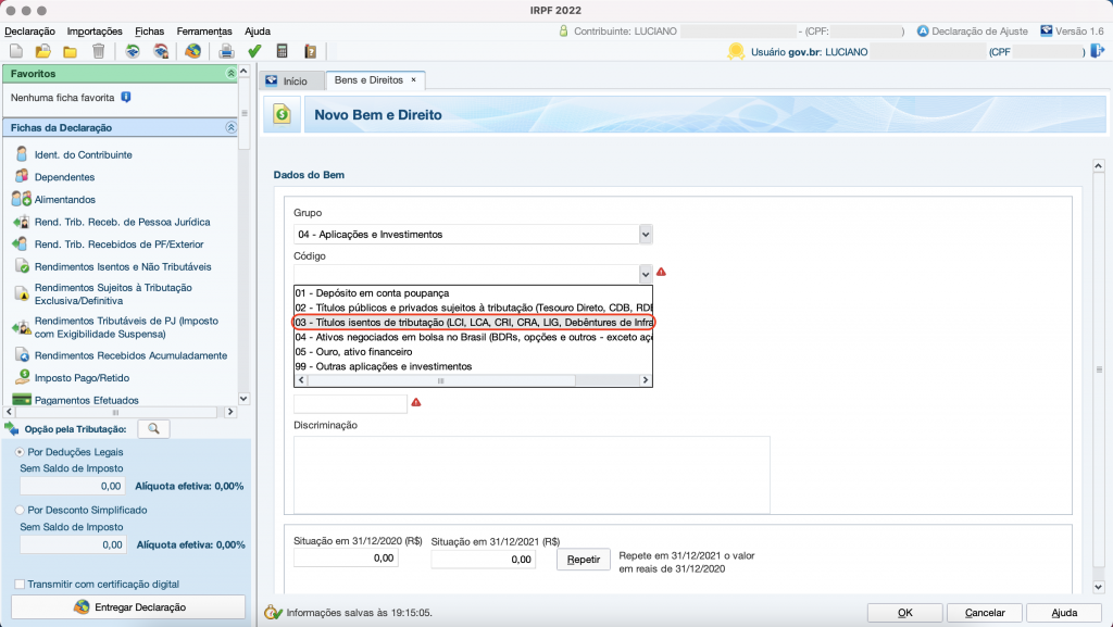 Captura de tela mostrando a ficha de Bens e Direitos do Programa do Imposto de Renda, com a opção “03 – Títulos isentos de tributação (LCI, LCA, CRI, CRA, LIG, Debêntures de Infraestrutura)” em destaque.