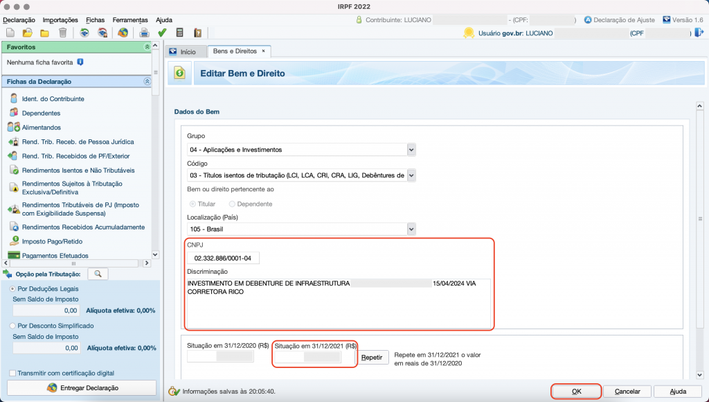 Captura de tela mostrando a ficha de Bens e Direitos do Programa do Imposto de Renda, com os campos preenchidos em destaque.