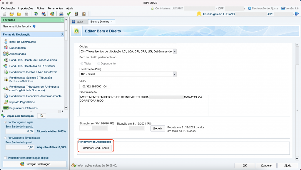 Captura de tela mostrando o Programa do Imposto de Renda, aberto na ficha “Bens e Direitos” e o botão “Informar Rendimento Isento” em destaque.