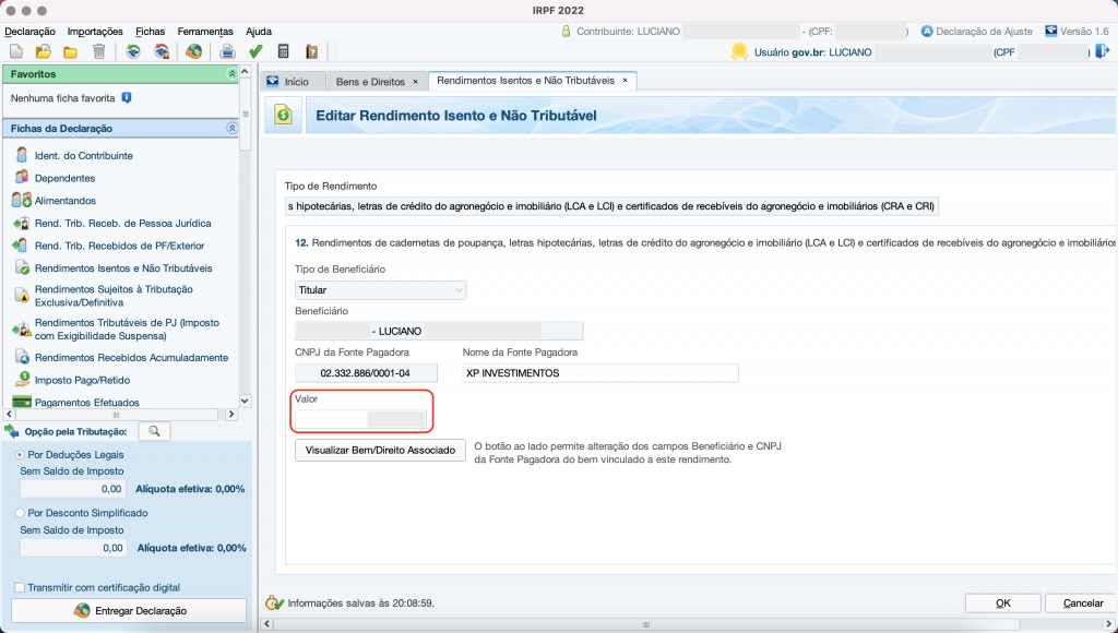 Captura de tela mostrando o Programa do Imposto de Renda, aberto na ficha “Rendimentos Isentos e Não Tributáveis” e a opção “Valor” em destaque. 